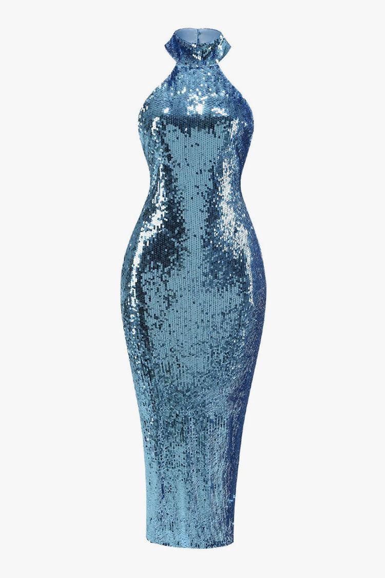 Sparkling High Neck Sleeveless Split Bodycon Sequin Maxi Evening Dress - Fashionpara