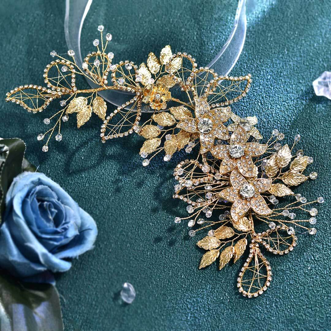 Sparkling Rhinestone Trim 3D Floral Metallic Leaf Bridal Hair Vine