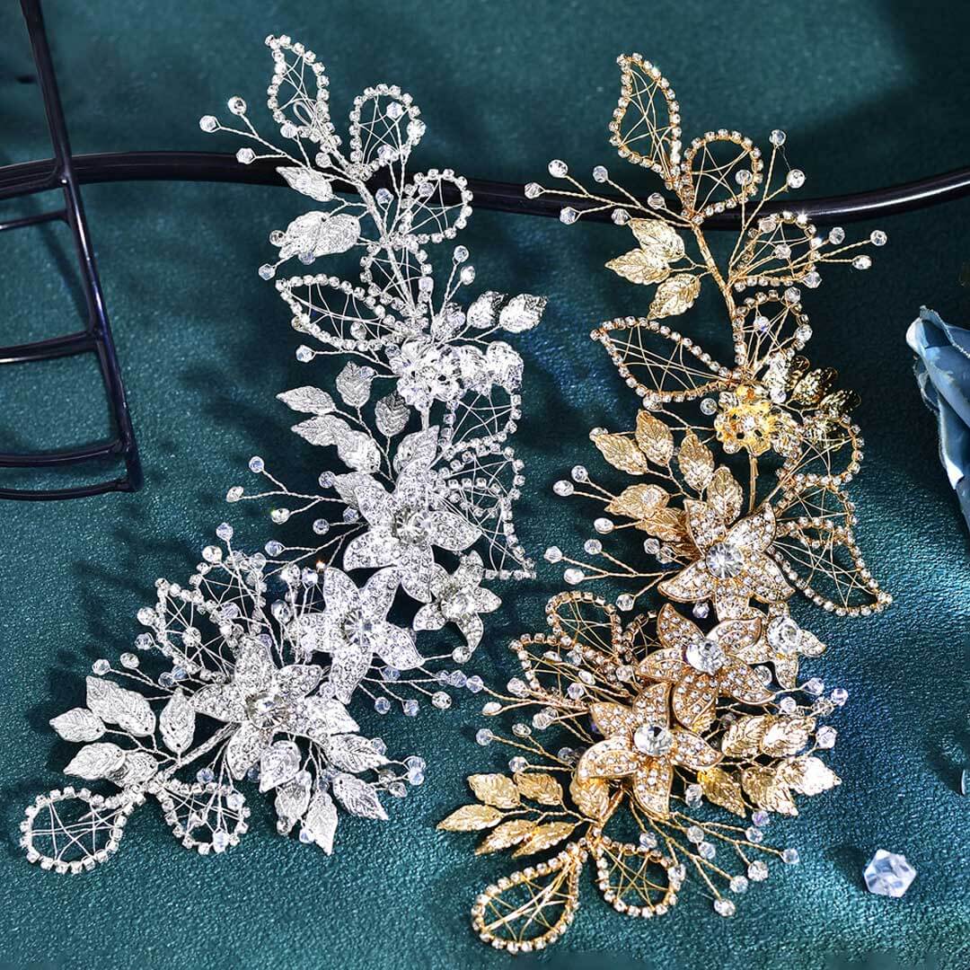 Sparkling Rhinestone Trim 3D Floral Metallic Leaf Bridal Hair Vine