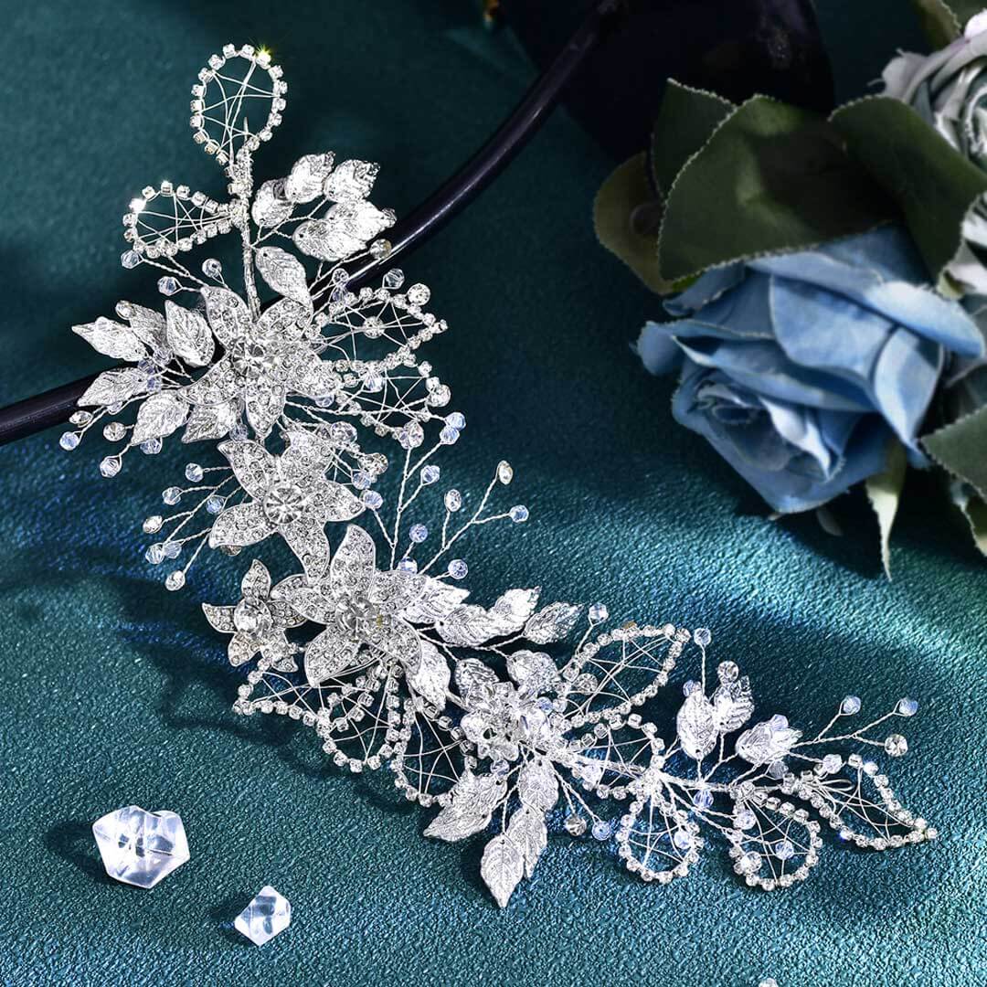 Sparkling Rhinestone Trim 3D Floral Metallic Leaf Bridal Hair Vine