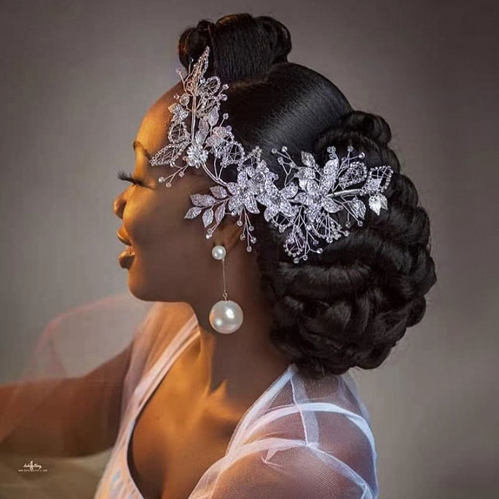 Sparkling Rhinestone Trim 3D Floral Metallic Leaf Bridal Hair Vine