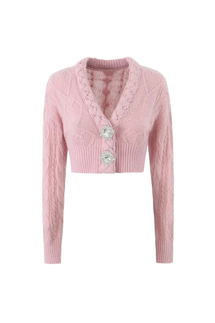 Rosedress Sparkly Cable Knit V Neck Heart Crop Cardigan