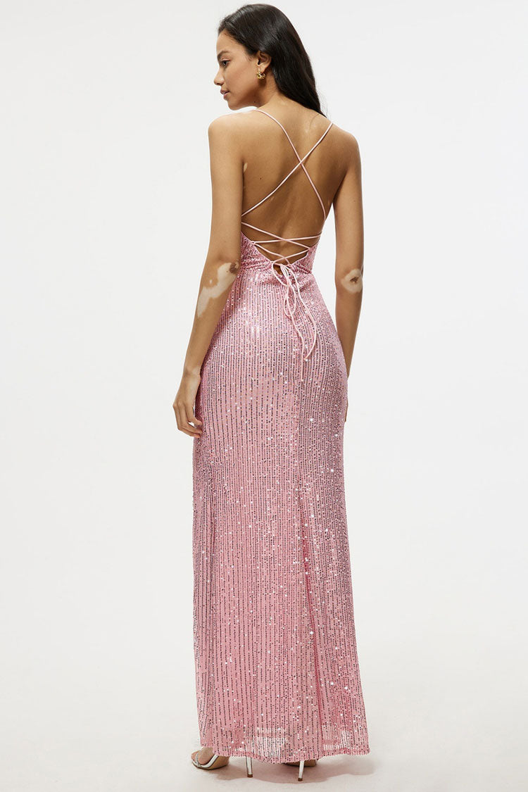 Sequin Cowl Neck Spaghetti Strap High Split Maxi Dress - View 3