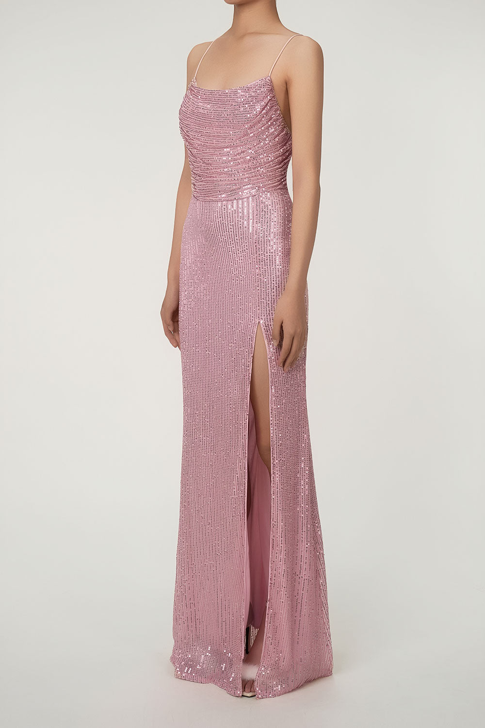 Sparkly Cowl Neck Lace Up Back High Slit Sequin Prom Maxi Dress - Pink  Fashionpara