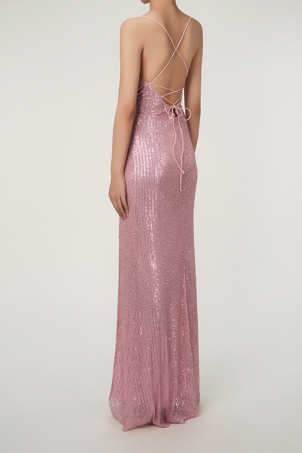 Sparkly Cowl Neck Lace Up Back High Slit Sequin Prom Maxi Dress - Pink