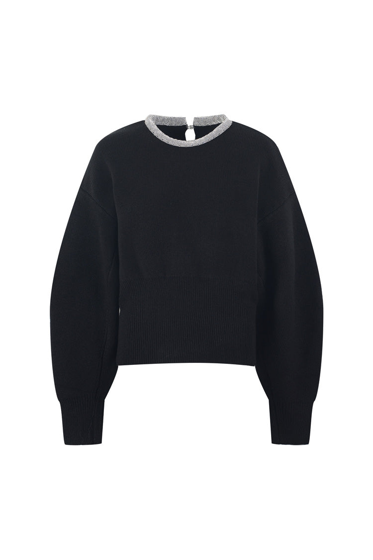 Sparkly Crystal Collar Keyhole Wool Blend Fitted Waist Ribbed Knit Sweater - Fashionpara