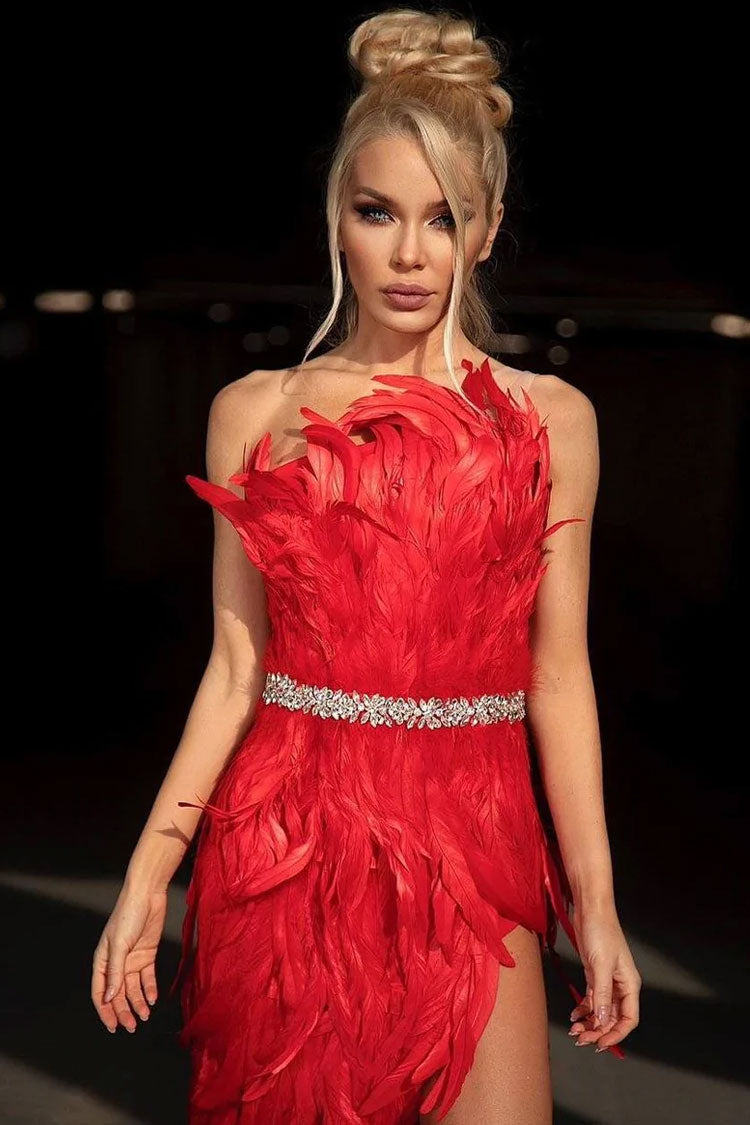 Sparkly Crystal One Shoulder High Slit Feather Midi Dress - Red - View 2