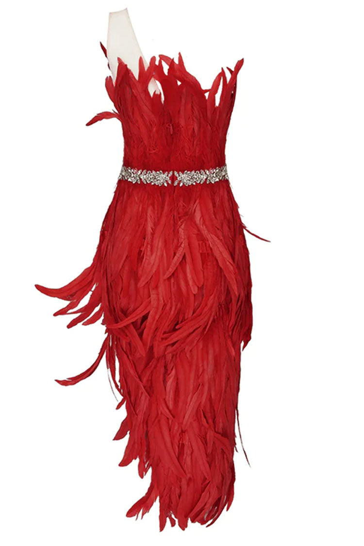 Sparkly Crystal One Shoulder High Slit Feather Midi Dress - Red - View 5