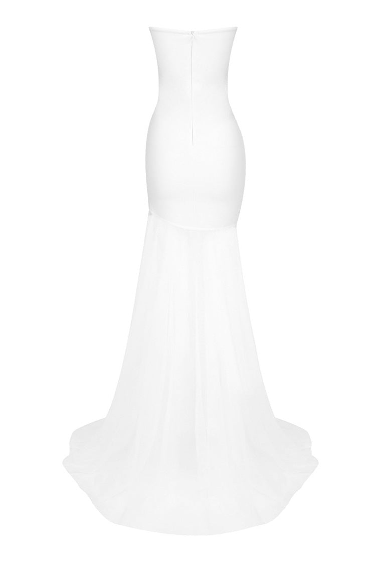 Sparkly Crystal Rosette Strapless High Low Tulle Mermaid Evening Dress - Fashionpara