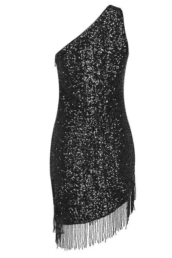 Sparkly Crystal Sequin Contrast One Shoulder Fringe Flapper Mini Dress - Black  Fashionpara