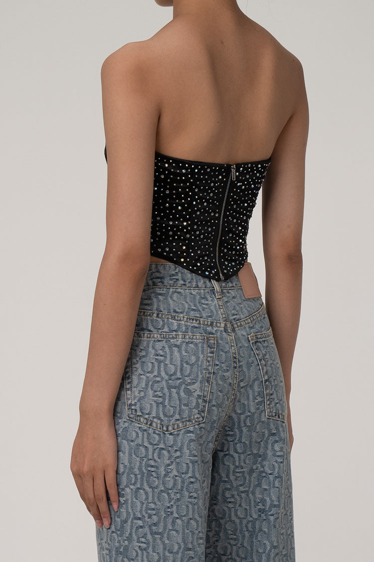 Sparkly Crystal Strapless Sweetheart Drop Waist Satin Corset Crop Top - Fashionpara