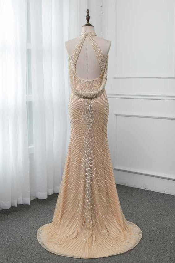 Sparkly Crystals High-Neck Prom Dresses with Front Slit - Fashionpara