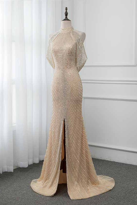 Sparkly Crystals High-Neck Prom Dresses with Front Slit - Fashionpara