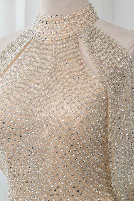 Sparkly Crystals High-Neck Prom Dresses with Front Slit - Fashionpara