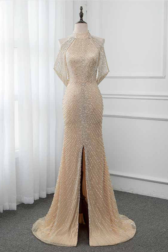 Sparkly Crystals High-Neck Prom Dresses with Front Slit - Fashionpara
