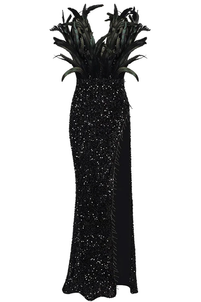 Sequin Deep V-Neck Feather Trim High Split Mermaid Maxi Dress - View 2