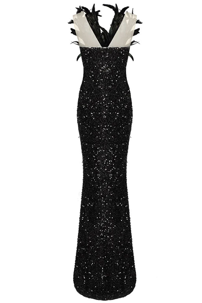 Sequin Deep V-Neck Feather Trim High Split Mermaid Maxi Dress - View 3