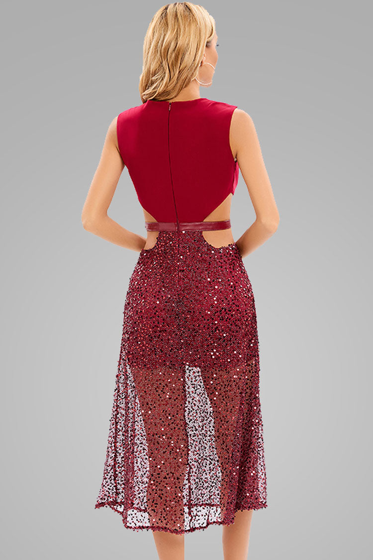 Sparkly Deep V Sequin Embellished Cutout Cocktail Midi Dress - Burgundy - Fashionpara