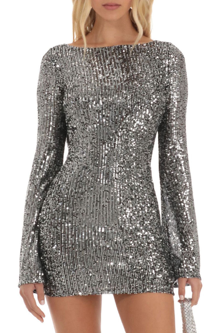 Sequin Boat Neck Long Sleeve Backless Bodycon Mini Party Dress