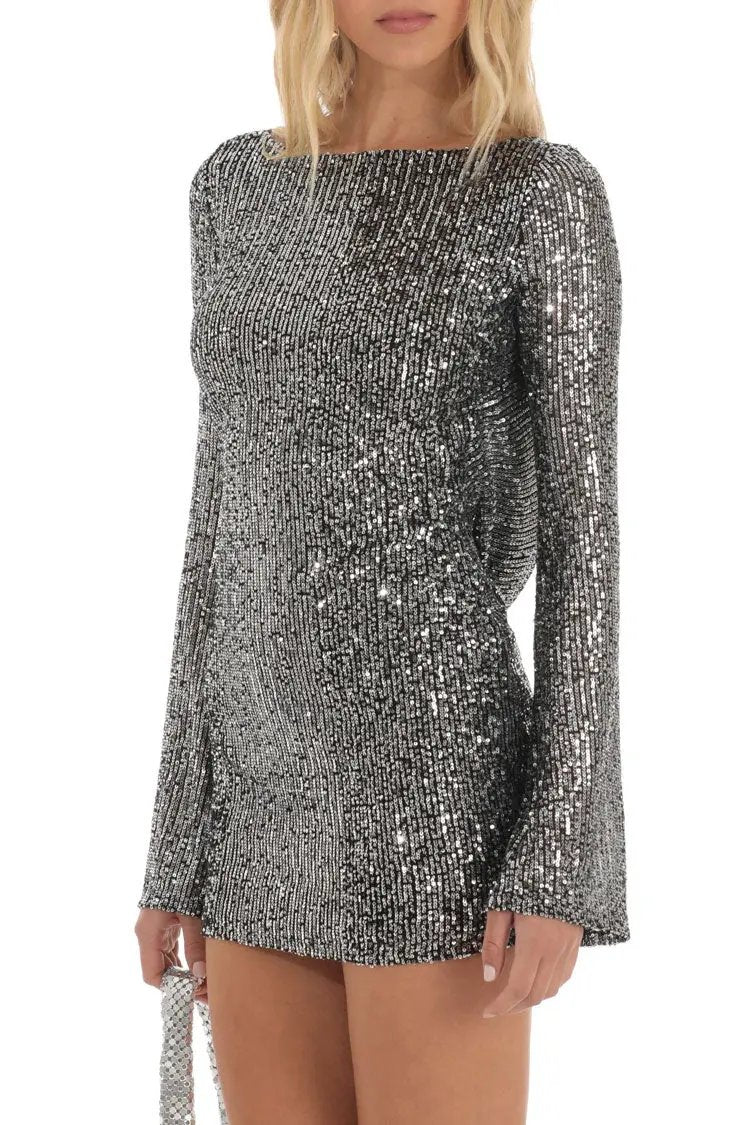 Sparkly Draped Backless Bell Sleeve Bodycon Sequin Party Mini Dress - Gray  Fashionpara