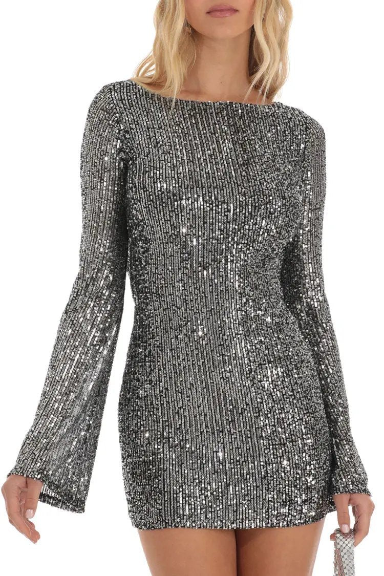 Sparkly Draped Backless Bell Sleeve Bodycon Sequin Party Mini Dress - Gray  Fashionpara