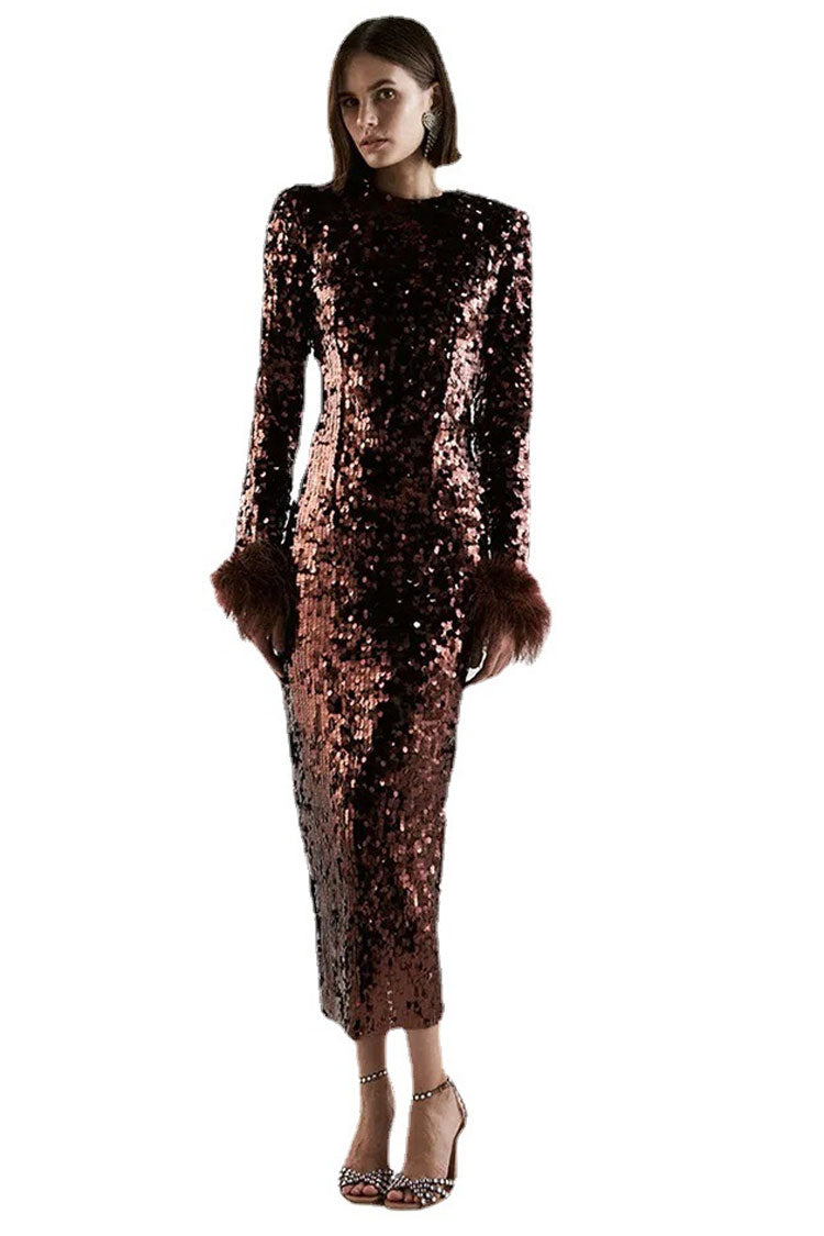 Sparkly Feather Trim Long Sleeve Velvet Sequin Midi Dress - Chocolate  Fashionpara
