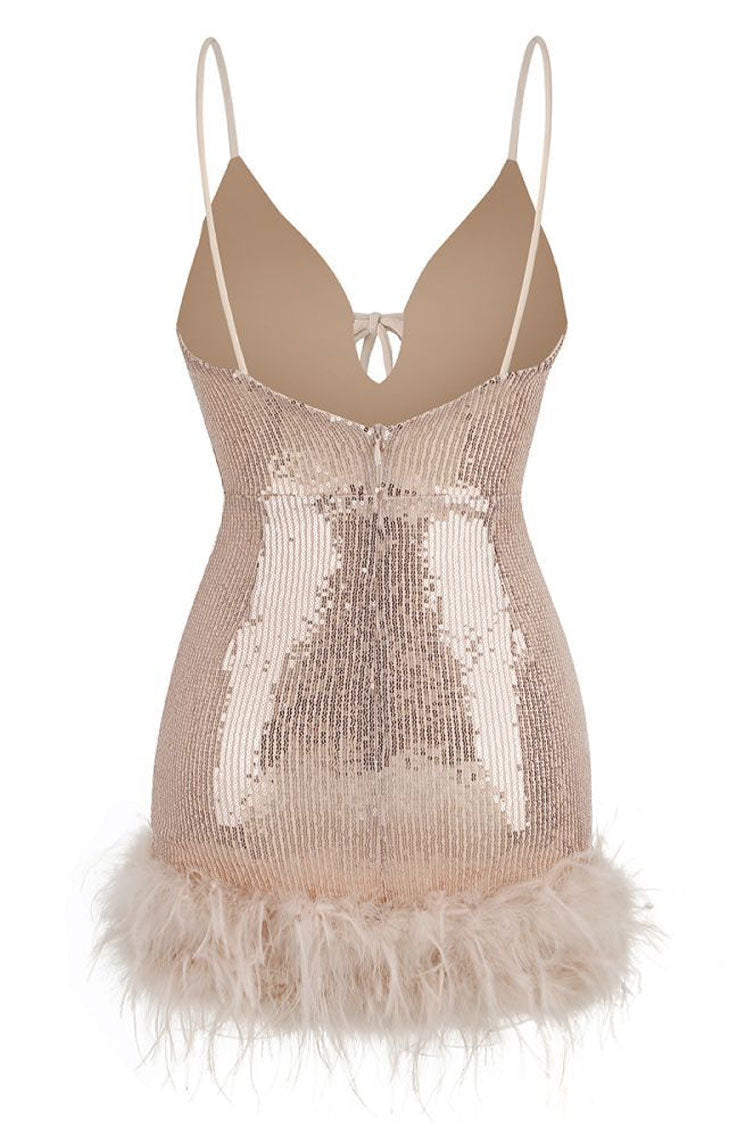 Sequin Deep V-Neck Lace Up Feather Trim Mini Dress - View 6
