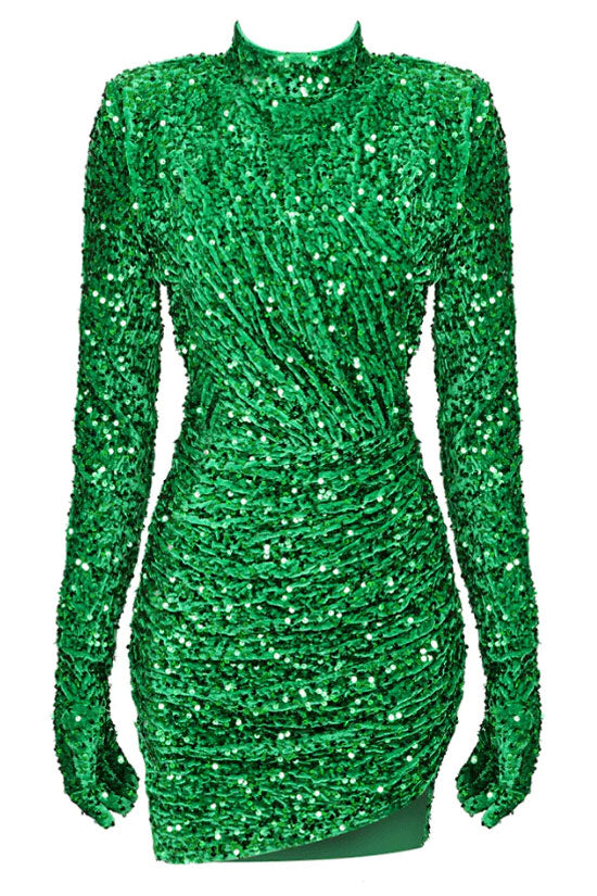 Velvet Sequin High Neck Long Sleeve Ruched Bodycon Mini Dress - View 6