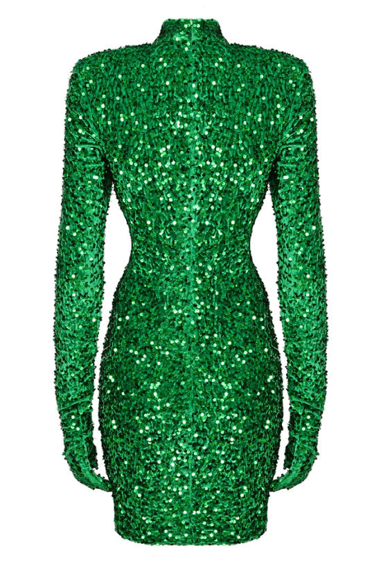 Velvet Sequin High Neck Long Sleeve Ruched Bodycon Mini Dress - View 7