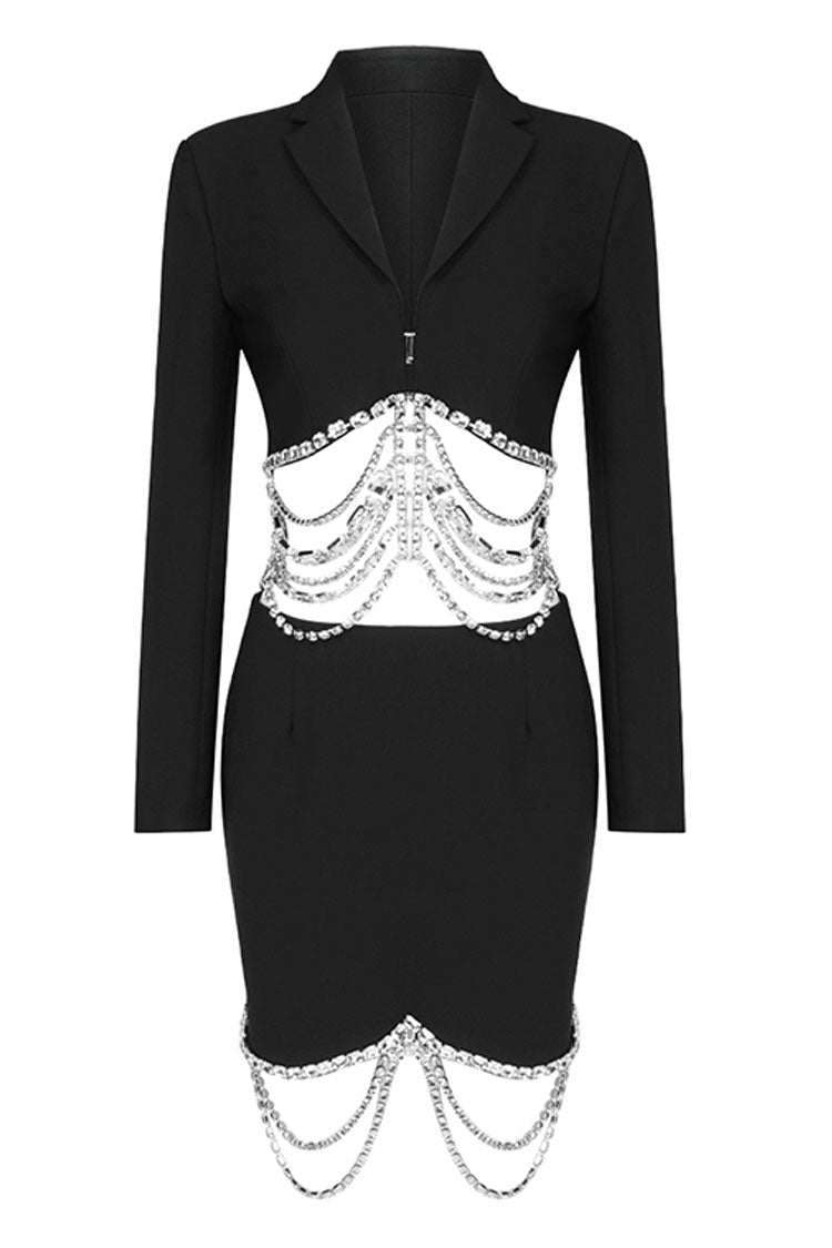 Sparkly Layered Rhinestone Crop Blazer Two Piece Mini Dress - Black - View 3