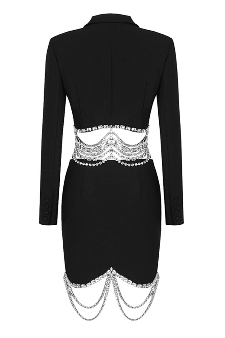 Sparkly Layered Rhinestone Crop Blazer Two Piece Mini Dress - Black - View 4