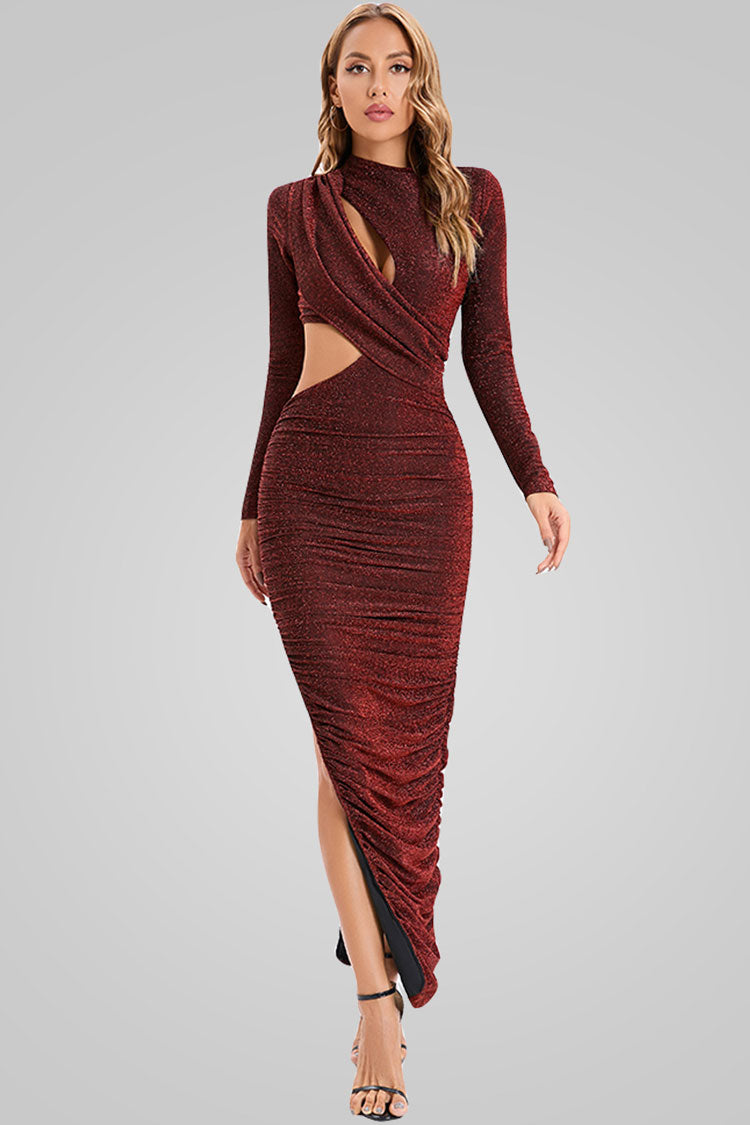 Sparkly Long Sleeve Ruched Cutout Split Formal Maxi Dress - Burgundy  Fashionpara
