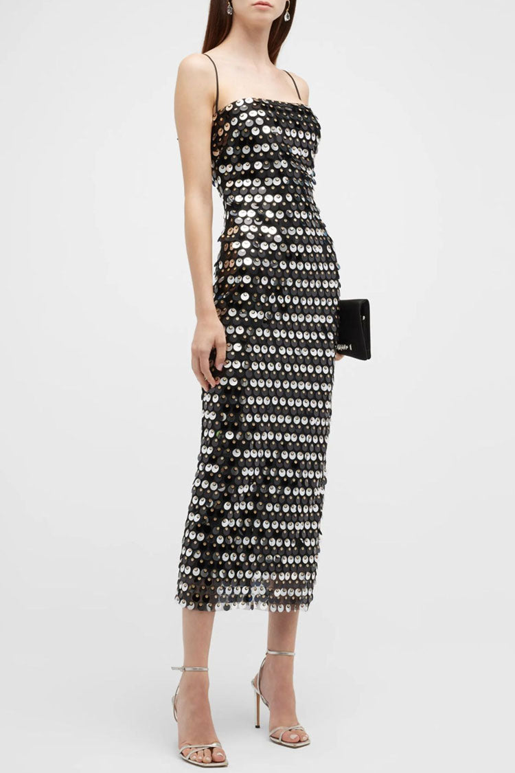 Sparkly Mermaid Sequin Spaghetti Strap Split Evening Maxi Dress - Black  Fashionpara