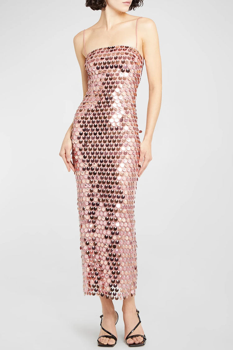 Sequin Square Neck Spaghetti Strap Bodycon Midi Dress in Champagne