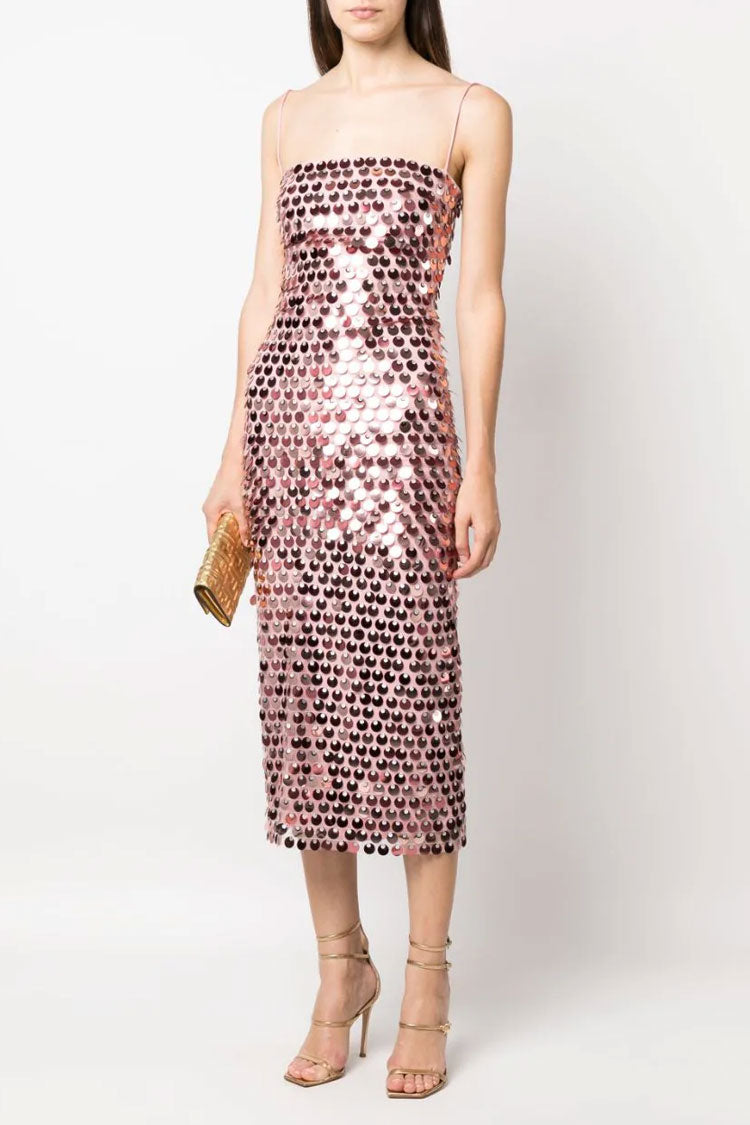 Sequin Square Neck Spaghetti Strap Bodycon Midi Dress in Champagne - View 2