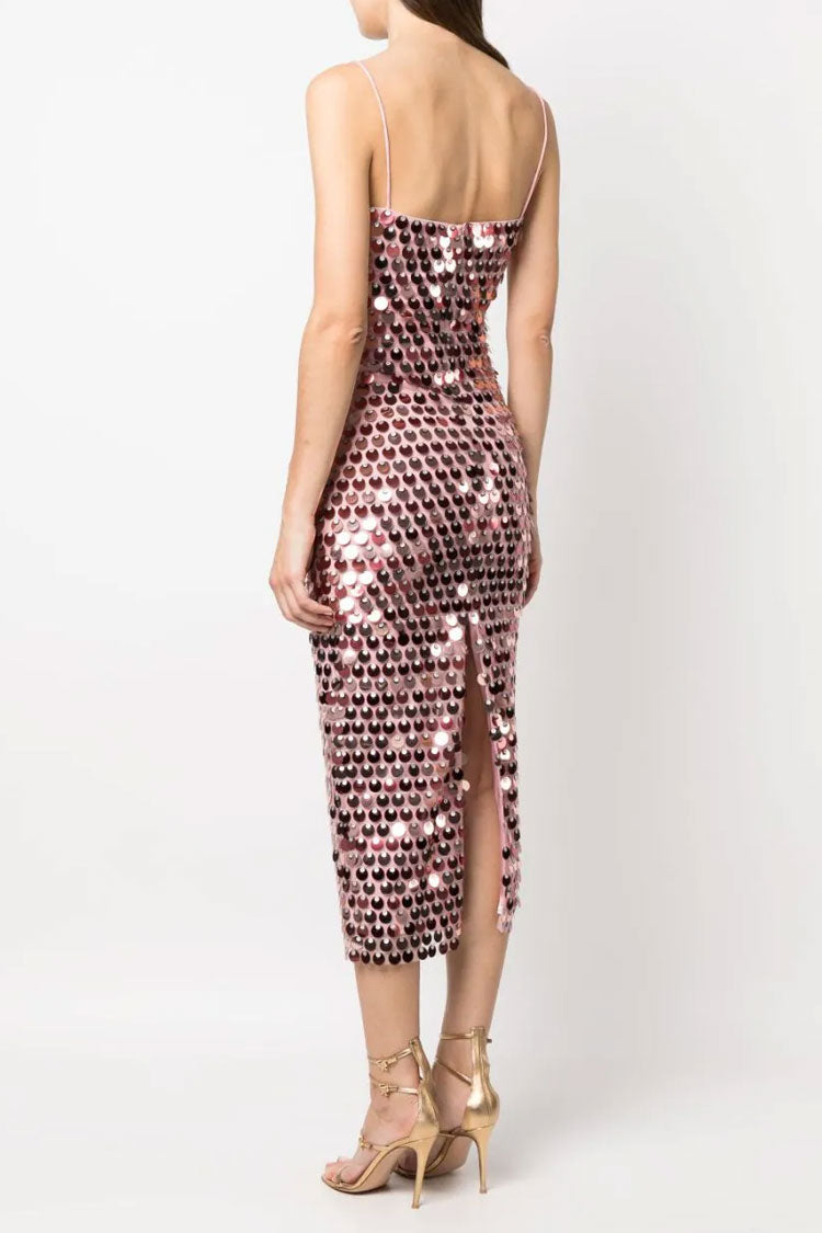Sequin Square Neck Spaghetti Strap Bodycon Midi Dress in Champagne - View 3
