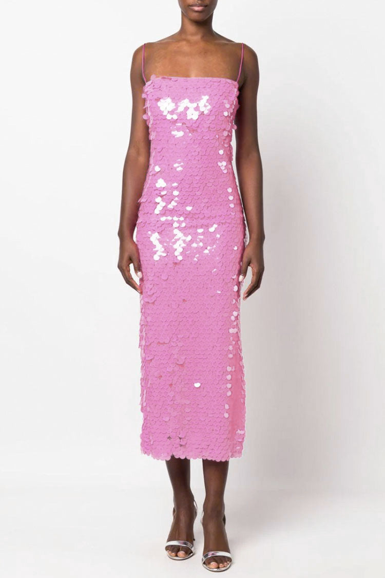 Sequin Square Neck Spaghetti Strap Bodycon Midi Dress in Hot Pink