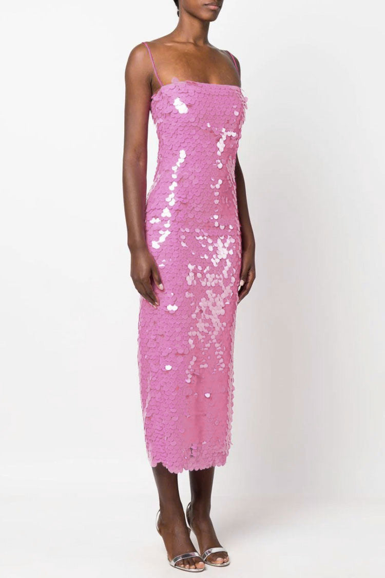 Sequin Square Neck Spaghetti Strap Bodycon Midi Dress in Hot Pink - View 2