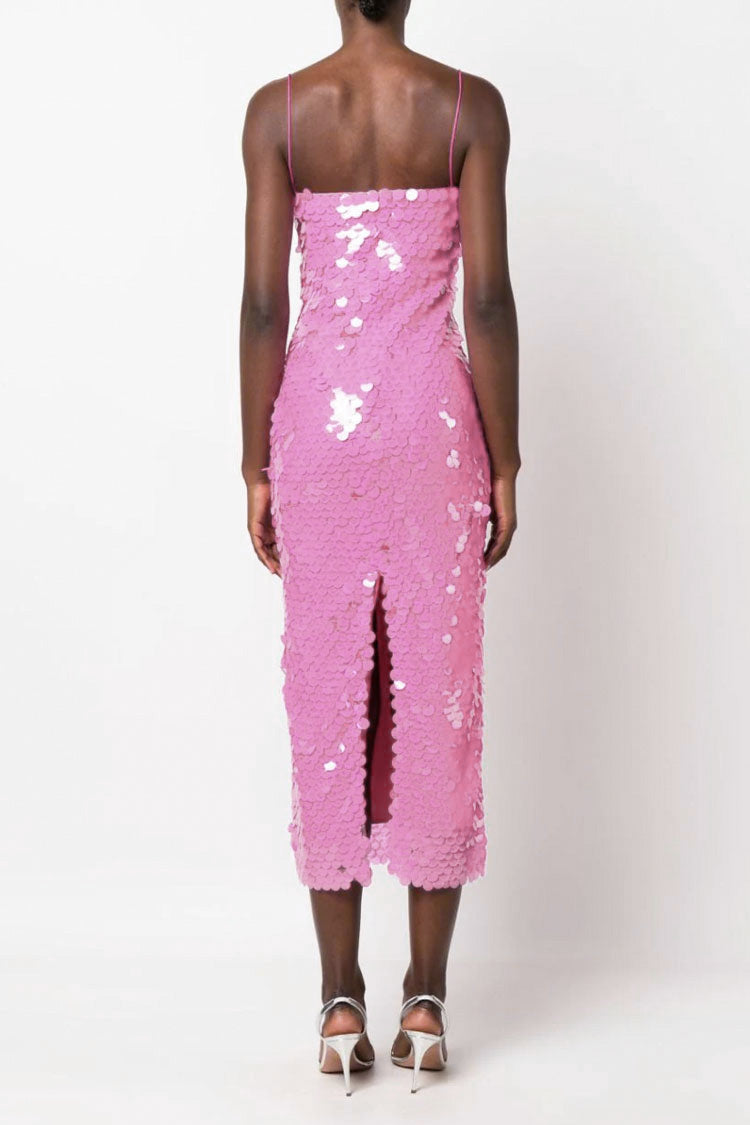 Sequin Square Neck Spaghetti Strap Bodycon Midi Dress in Hot Pink - View 3