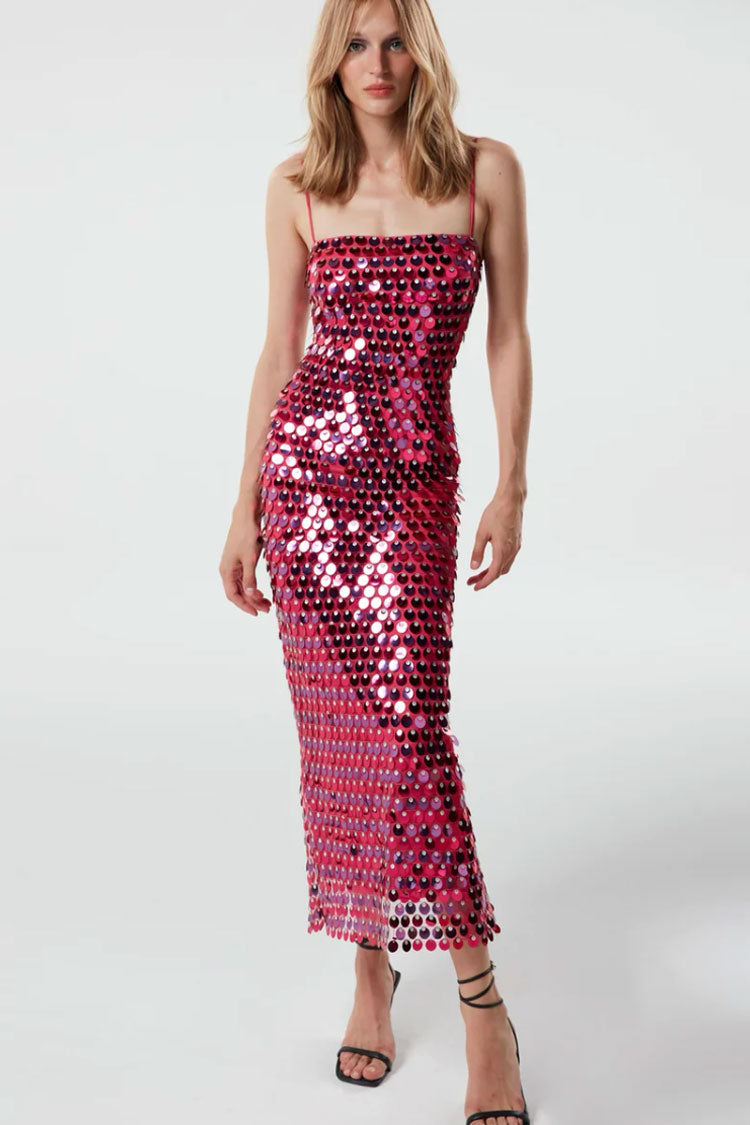 Sequin Spaghetti Strap Straight Neck Bodycon Midi Dress in Rose