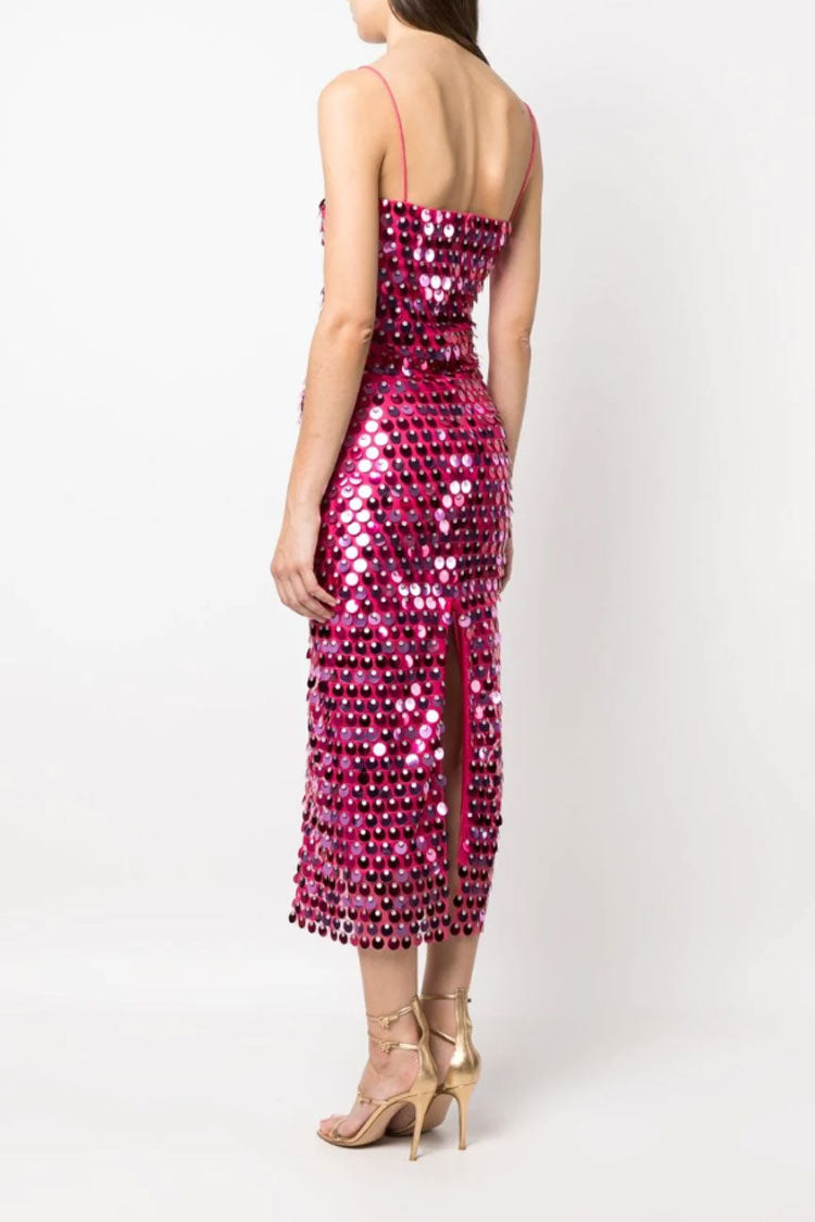 Sequin Spaghetti Strap Straight Neck Bodycon Midi Dress in Rose - View 4