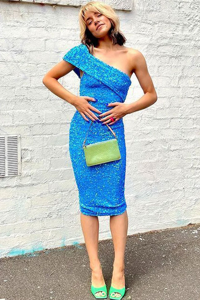 Sequin Off Shoulder Bodycon Midi Dress in Blue - View 2