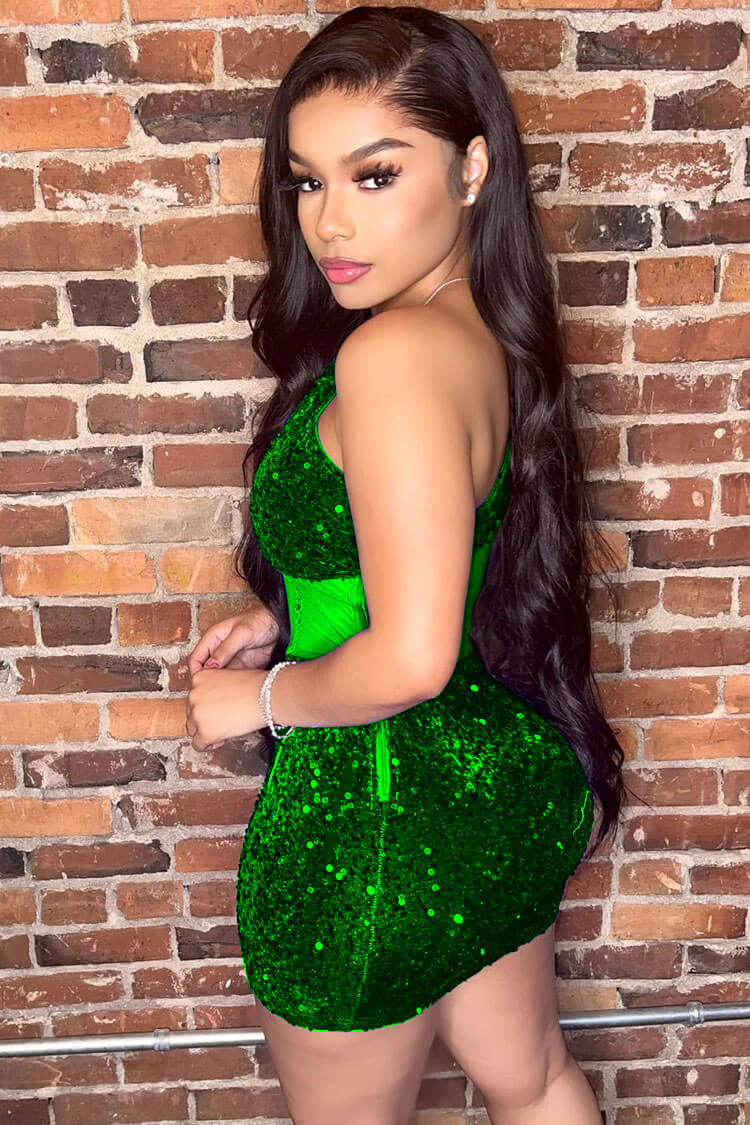 One Shoulder Sequin Bustier Bodycon Party Mini Dress in Green - View 2