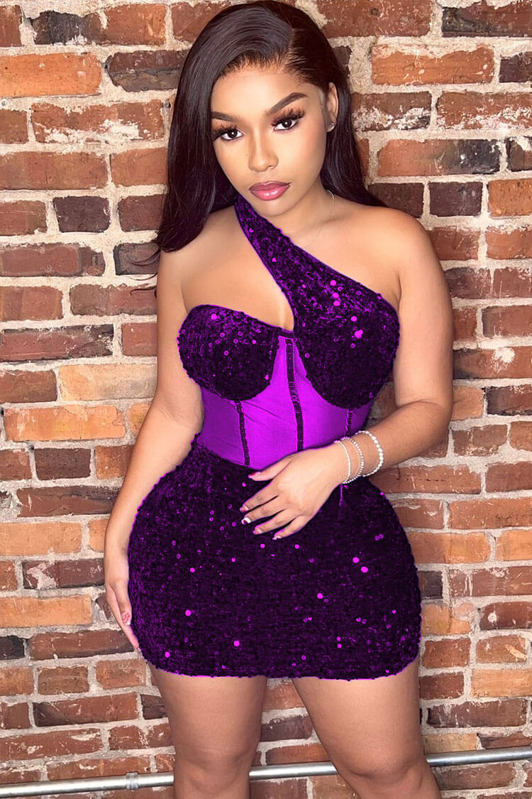 One Shoulder Sequin Bustier Bodycon Party Mini Dress