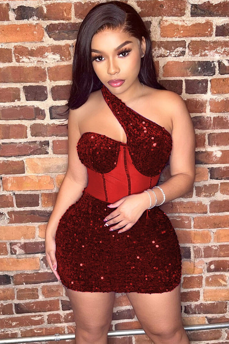 One Shoulder Sequin Bustier Bodycon Party Mini Dress in Red