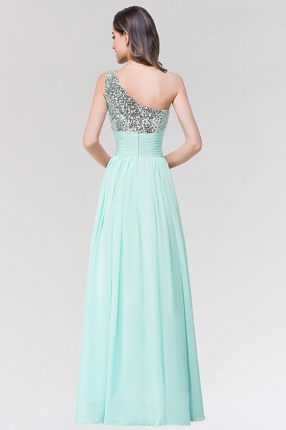 Sparkly One-shoulder Ruffle Long Bridesmaid dresses with Sequined Top - Fashionpara