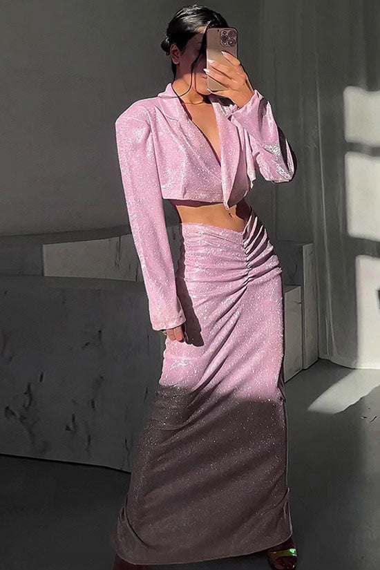 Sparkly Padded Crop Blazer Ruched Drop Waist Maxi Dress - Pink - View 2