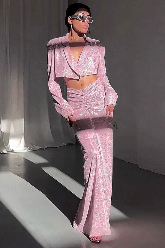 Sparkly Padded Crop Blazer Ruched Drop Waist Maxi Dress - Pink - View 4