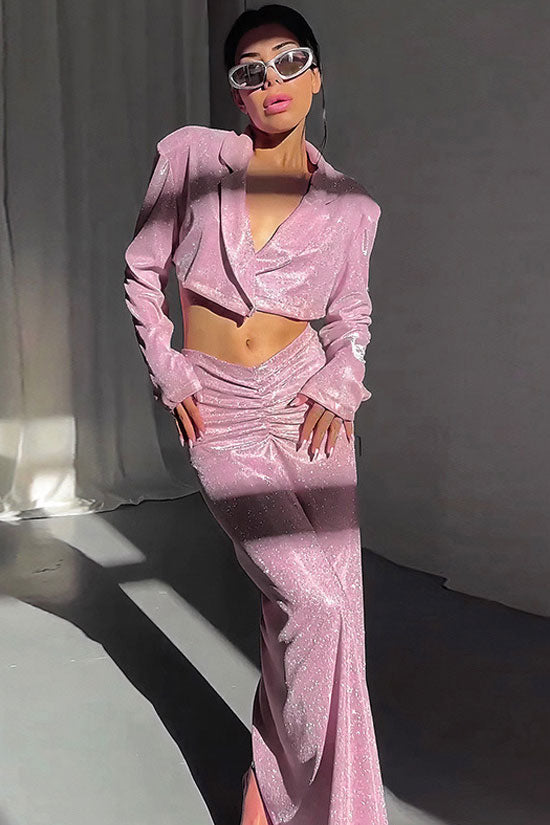 Sparkly Padded Crop Blazer Ruched Drop Waist Maxi Dress - Pink - View 5