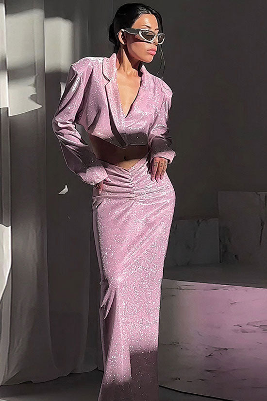 Sparkly Padded Crop Blazer Ruched Drop Waist Maxi Dress - Pink - View 6